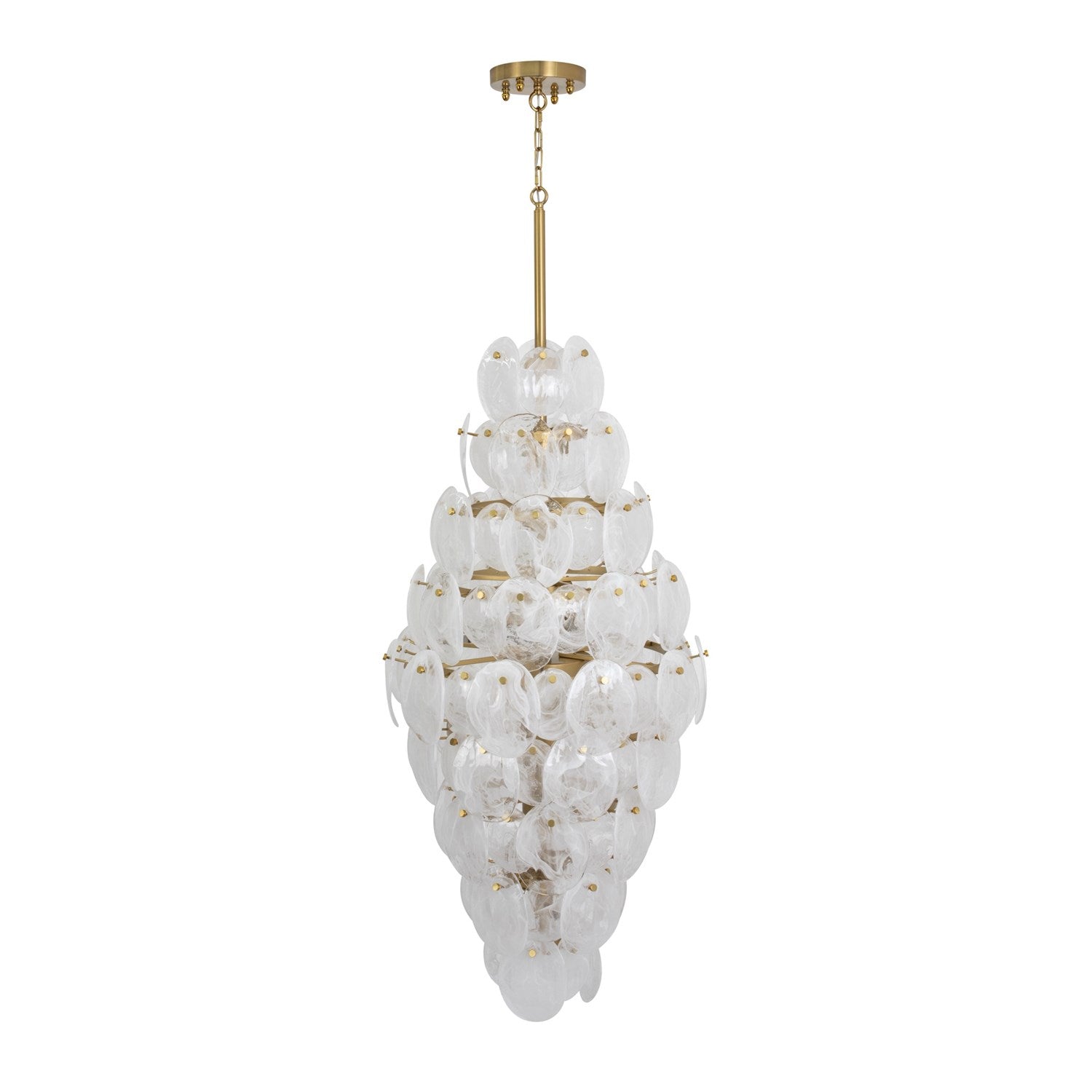 15 Light Chandelier, Brushed Brass With Wispy White Murano Style Glass