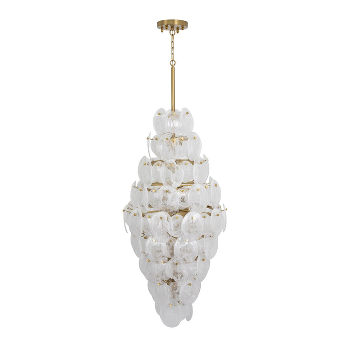 15 Light Chandelier, Brushed Brass With Wispy White Murano Style Glass
