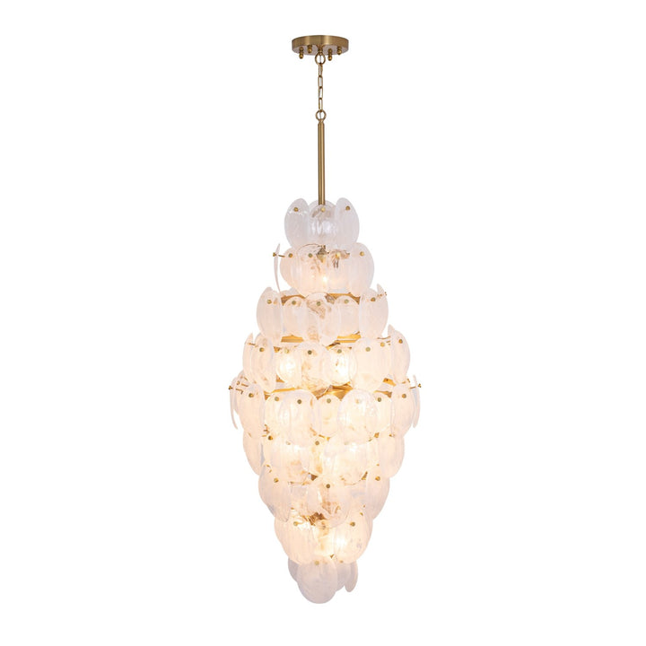 15 Light Chandelier, Brushed Brass With Wispy White Murano Style Glass