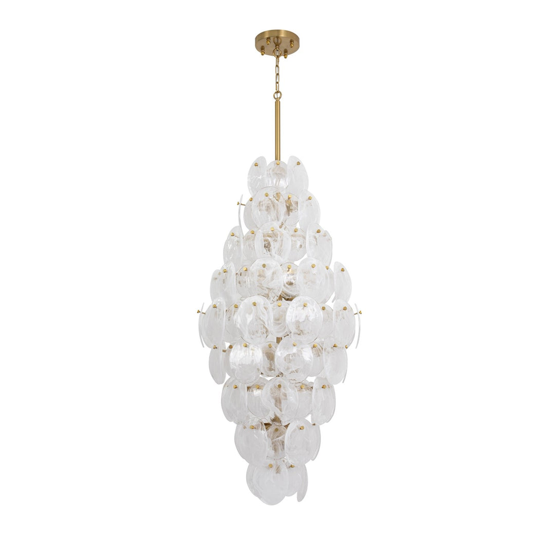 15 Light Chandelier, Brushed Brass With Wispy White Murano Style Glass