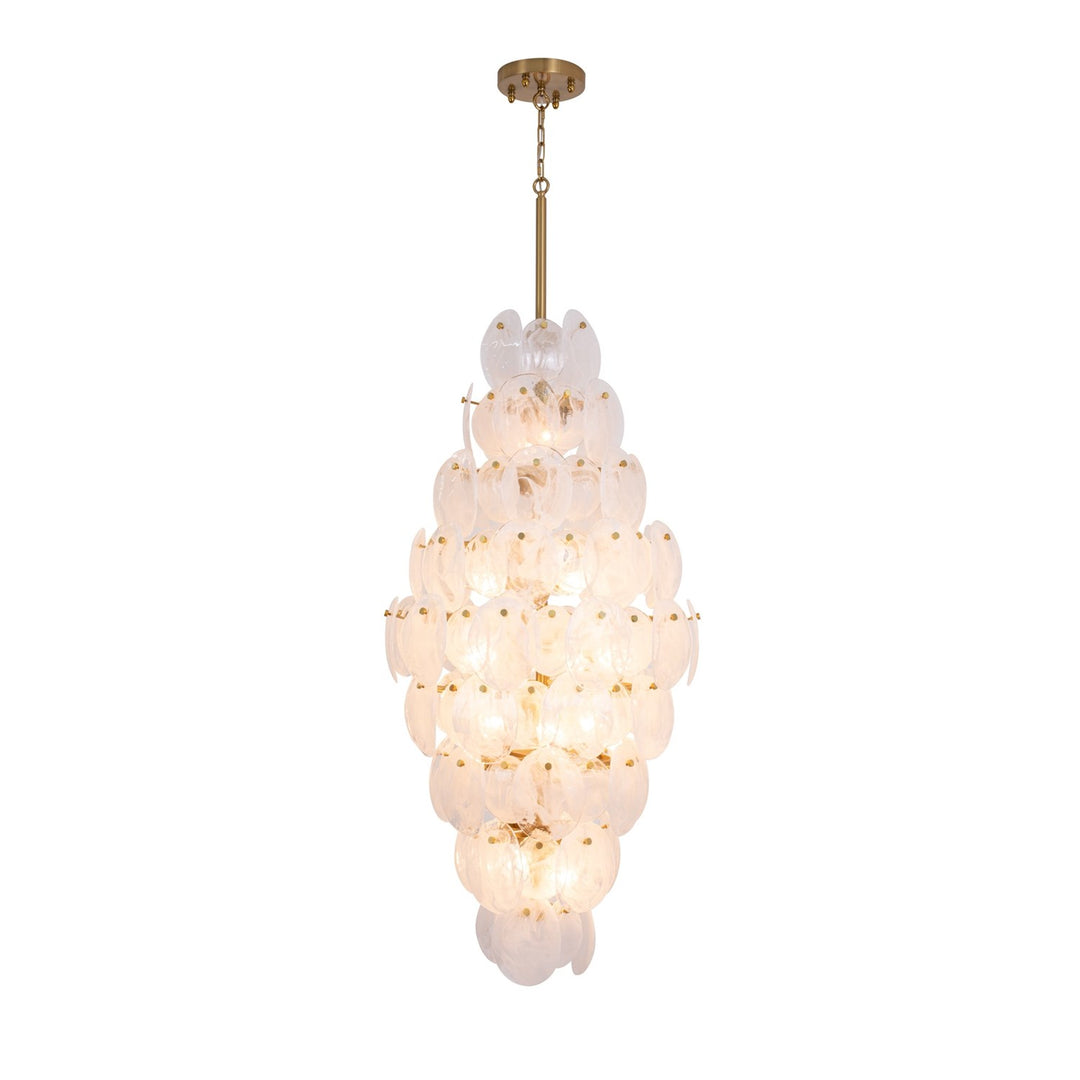 15 Light Chandelier, Brushed Brass With Wispy White Murano Style Glass