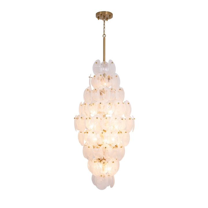 15 Light Chandelier, Brushed Brass With Wispy White Murano Style Glass