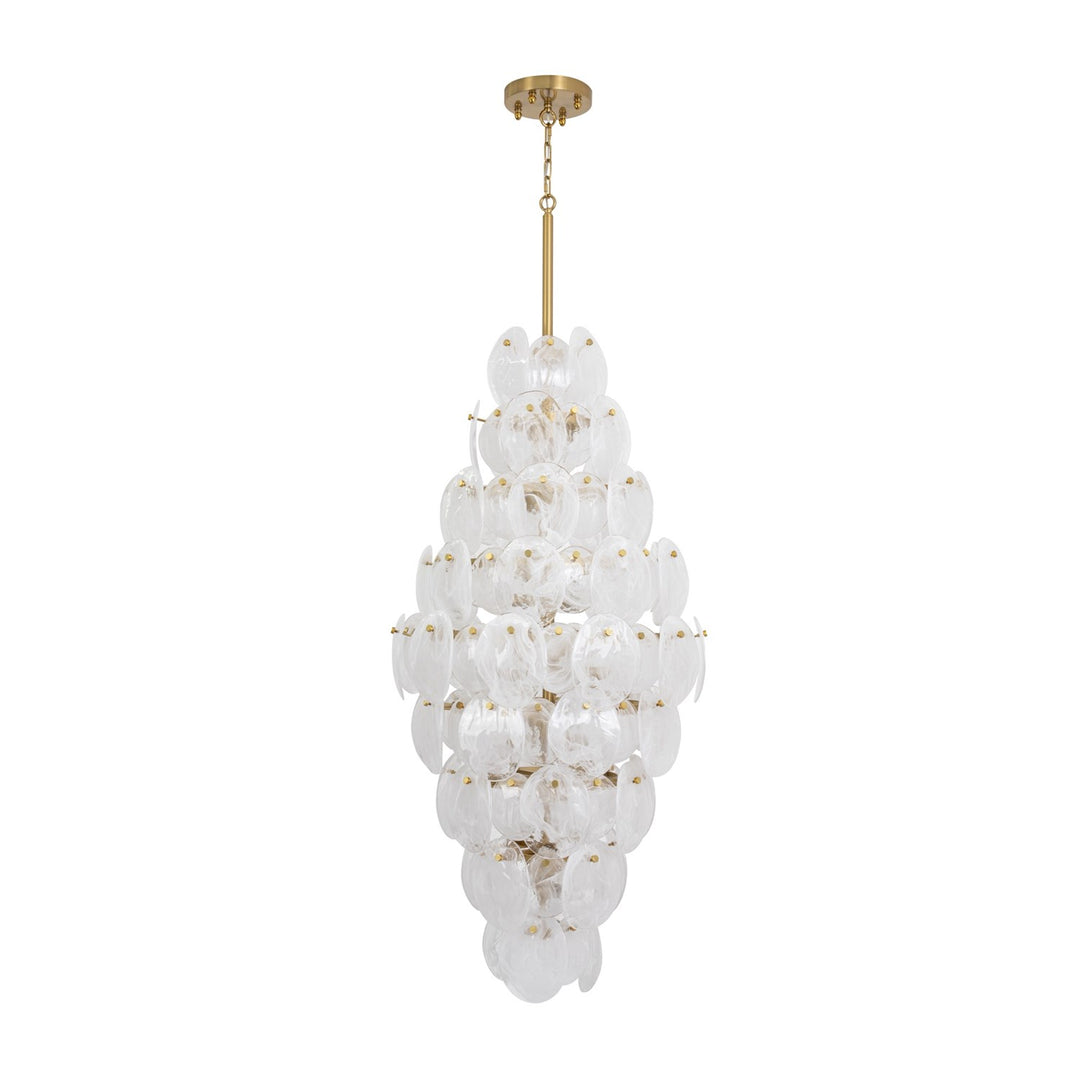 15 Light Chandelier, Brushed Brass With Wispy White Murano Style Glass
