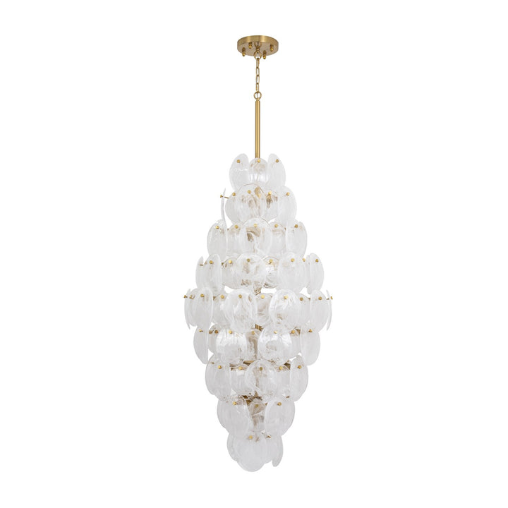 15 Light Chandelier, Brushed Brass With Wispy White Murano Style Glass