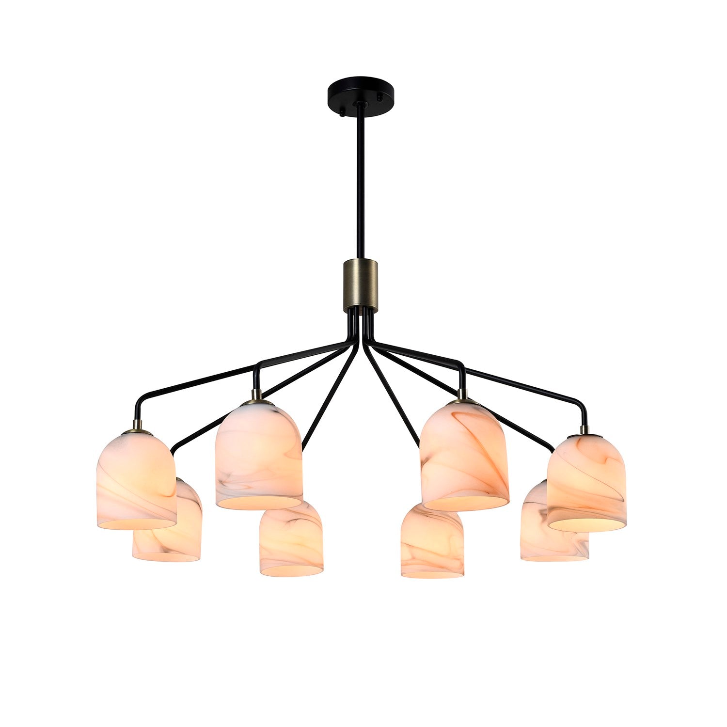 8 Light Chandelier 34.25", Black, Brushed Brass With Alabaster Style Glass by Artcraft