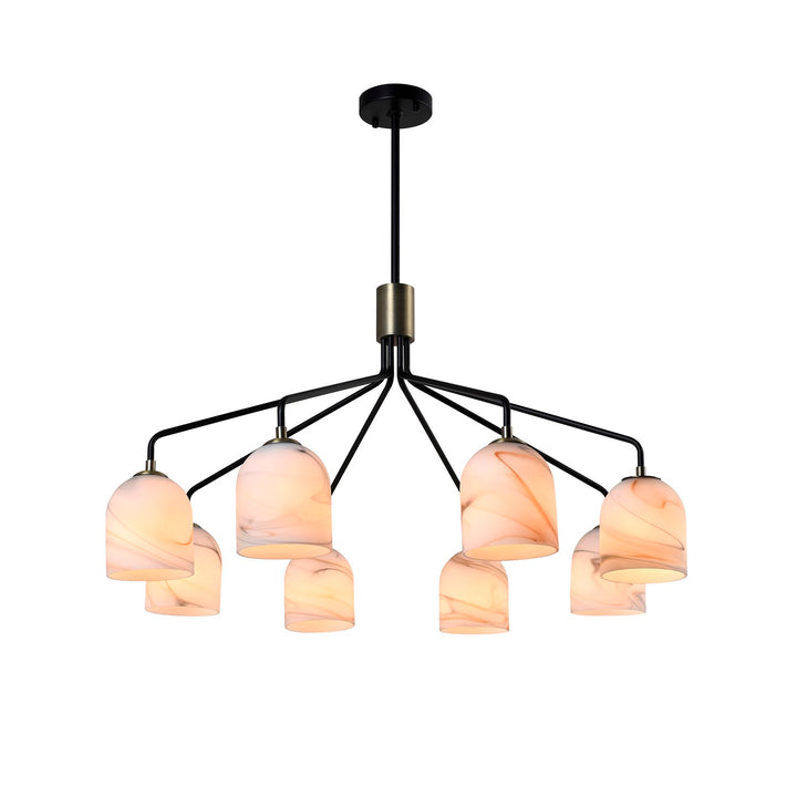 8 Light Chandelier 34.25", Black, Brushed Brass With Alabaster Style Glass by Artcraft