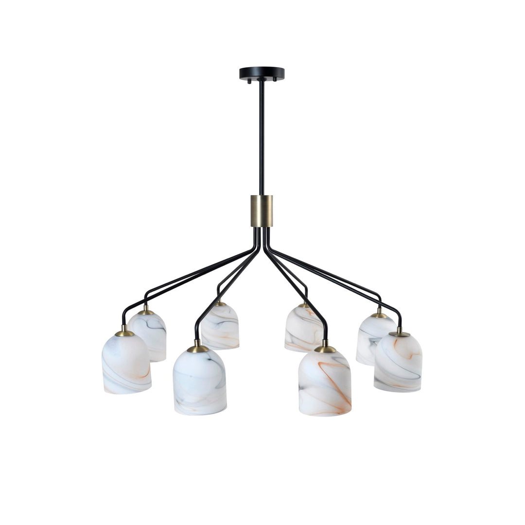 8 Light Chandelier 34.25", Black, Brushed Brass With Alabaster Style Glass