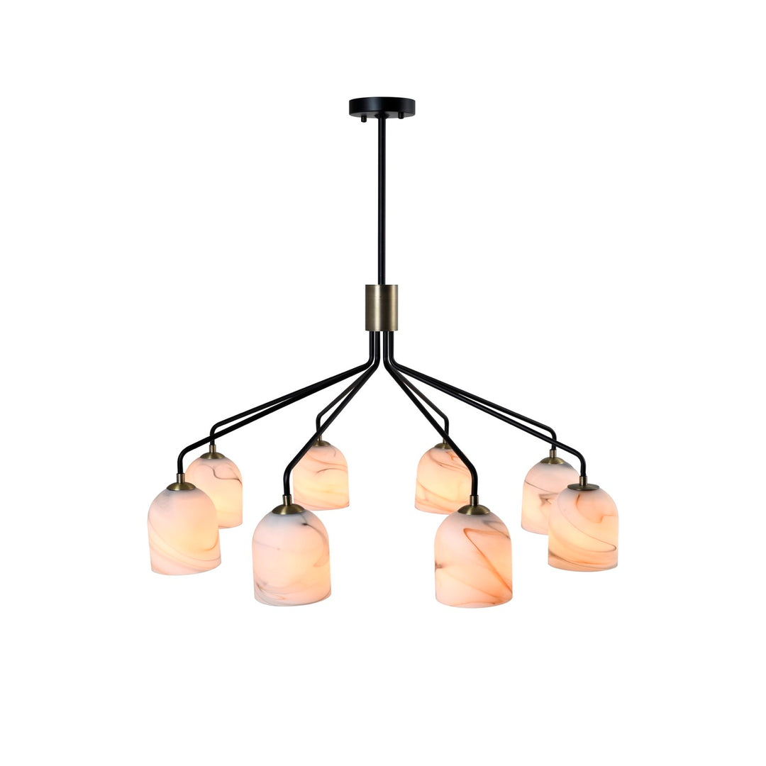 8 Light Chandelier 34.25", Black, Brushed Brass With Alabaster Style Glass