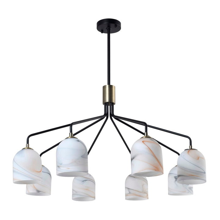8 Light Chandelier 34.25", Black, Brushed Brass With Alabaster Style Glass