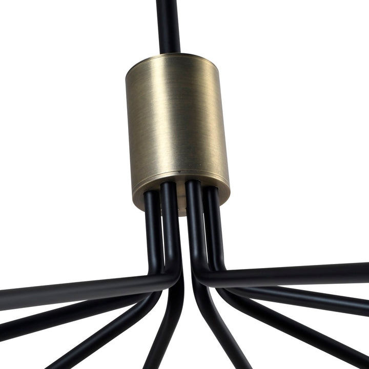 8 Light Chandelier 34.25", Black, Brushed Brass With Alabaster Style Glass