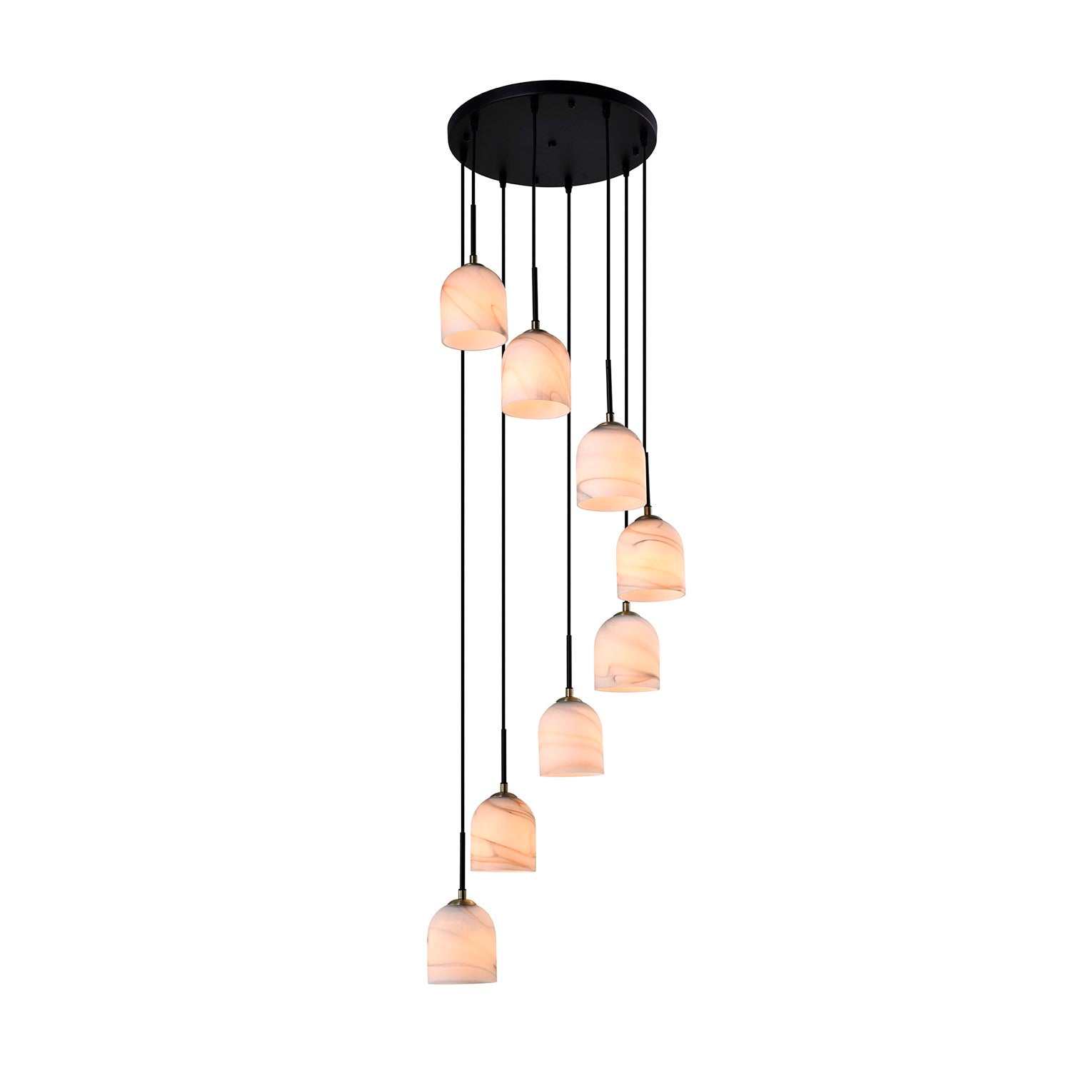 8 Light Chandelier 18.5", Black, Brushed Brass With Alabaster Style Glass by Artcraft