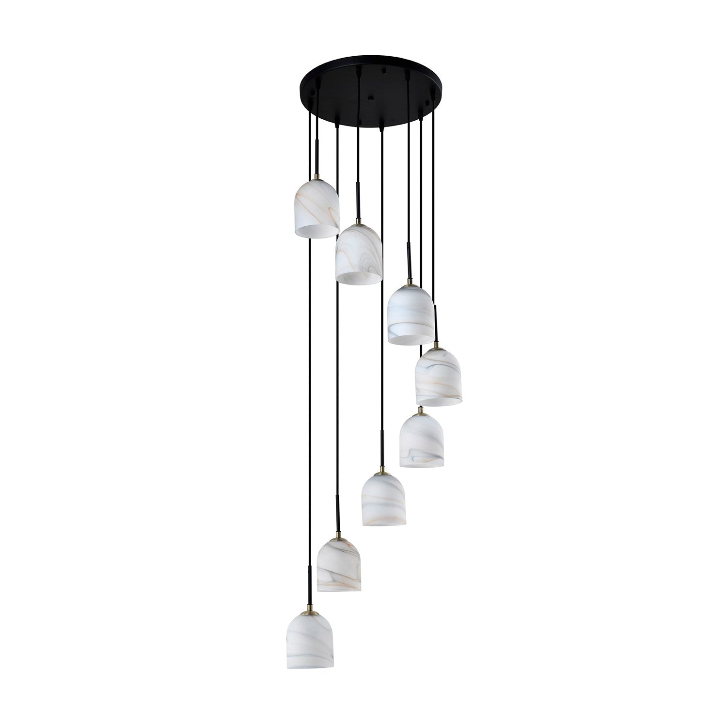 8 Light Chandelier 18.5", Black, Brushed Brass With Alabaster Style Glass