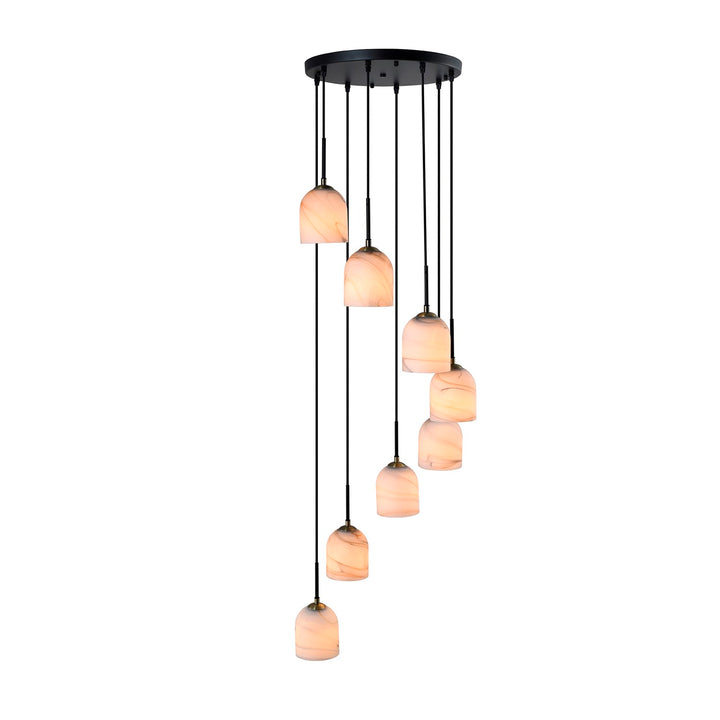 8 Light Chandelier 18.5", Black, Brushed Brass With Alabaster Style Glass