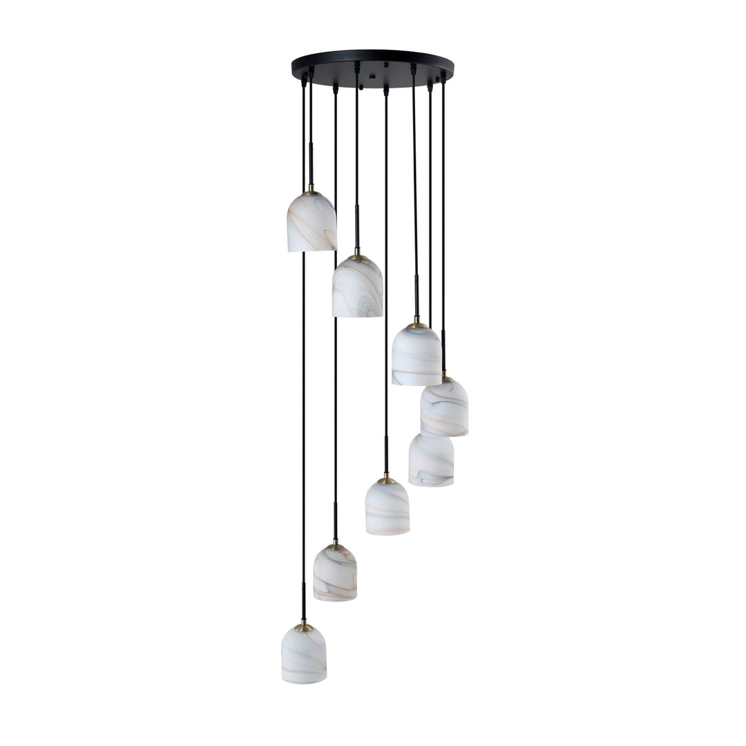 8 Light Chandelier 18.5", Black, Brushed Brass With Alabaster Style Glass