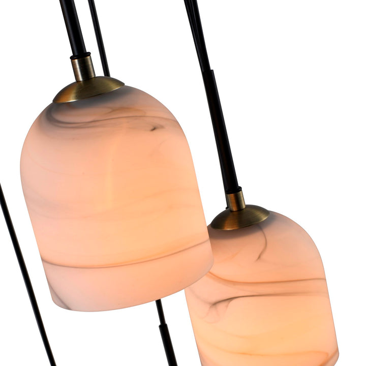 8 Light Chandelier 18.5", Black, Brushed Brass With Alabaster Style Glass