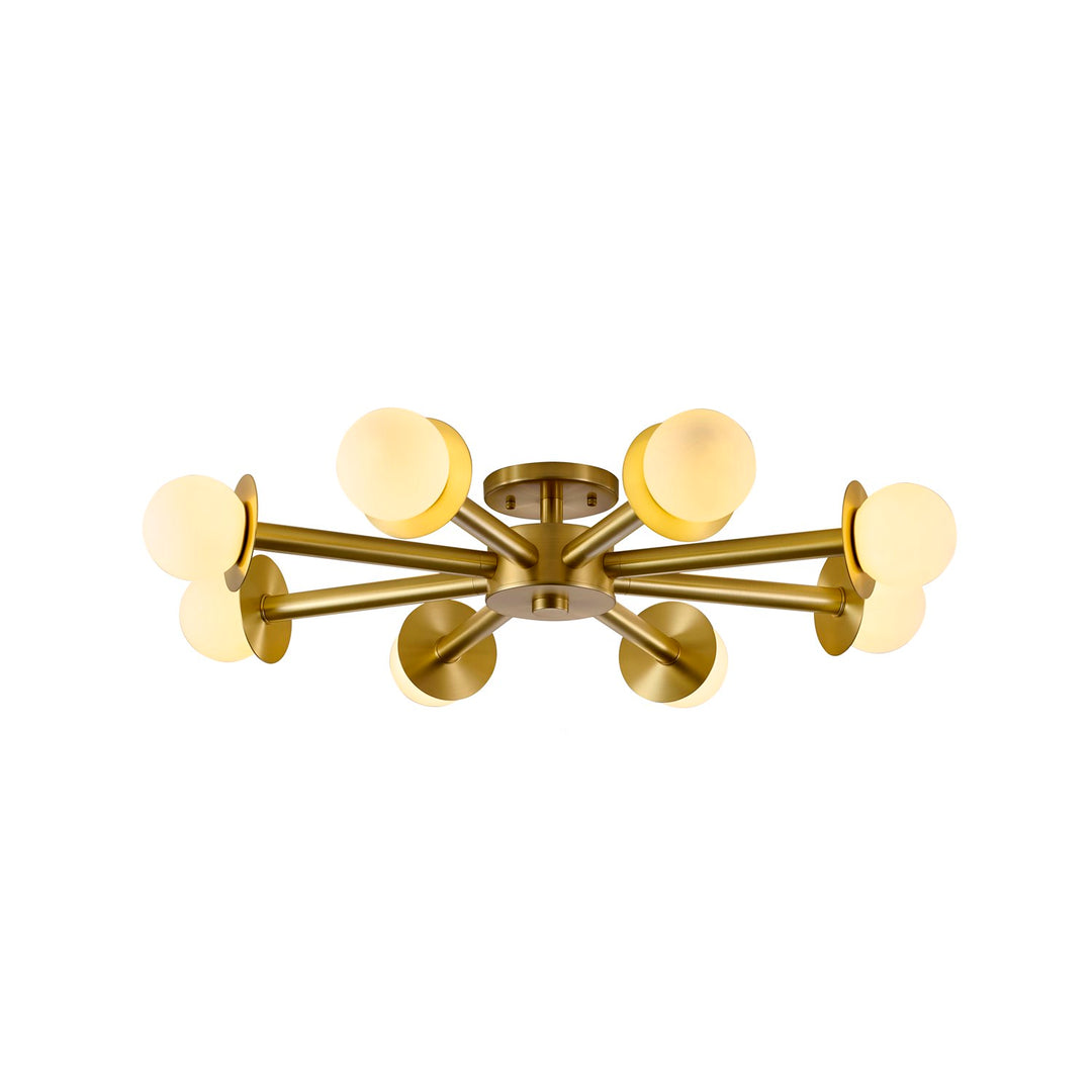 8-Light Satin Brass Flush Mount With White Glass Globe Shades by Bethel