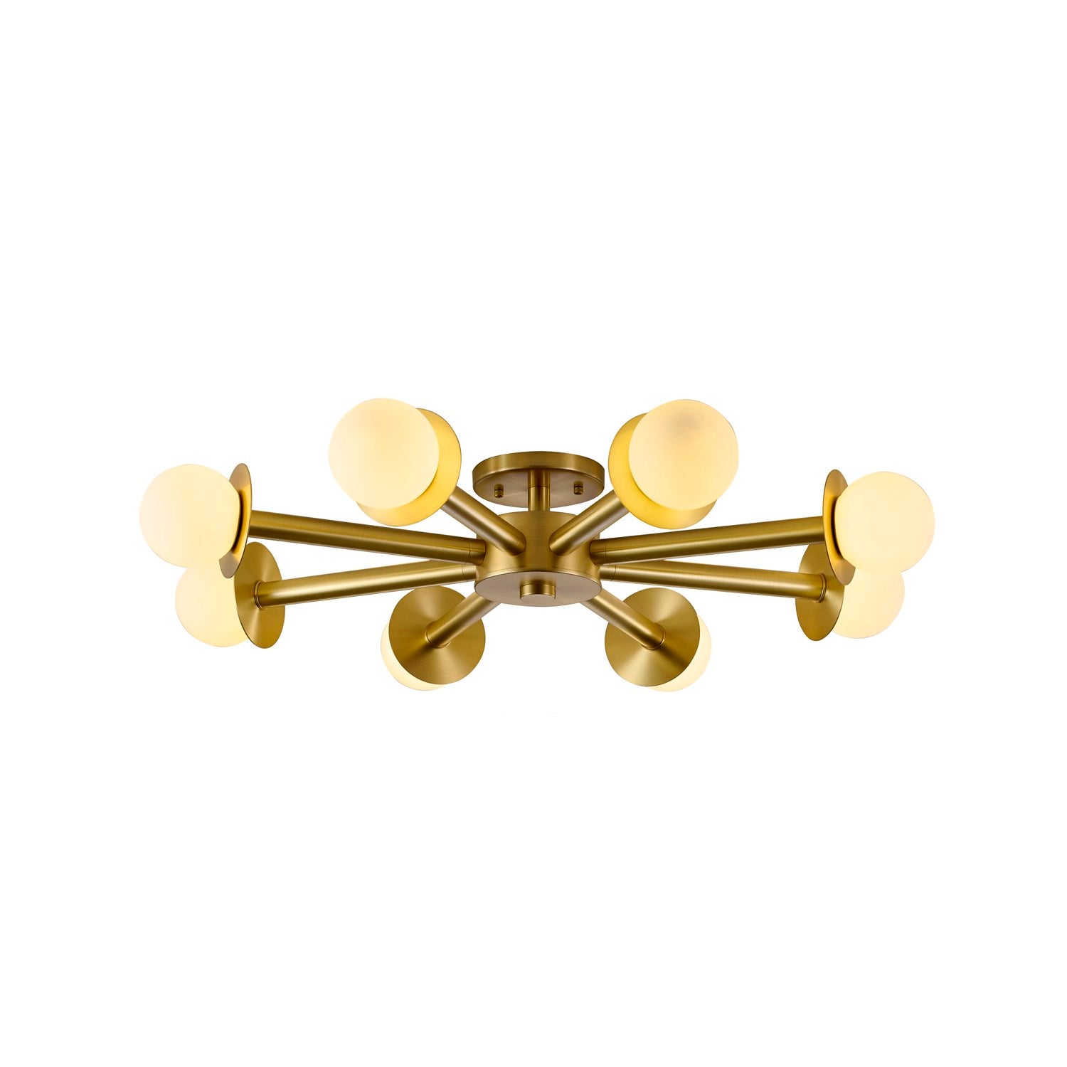 8-Light Satin Brass Flush Mount With White Glass Globe Shades by Bethel