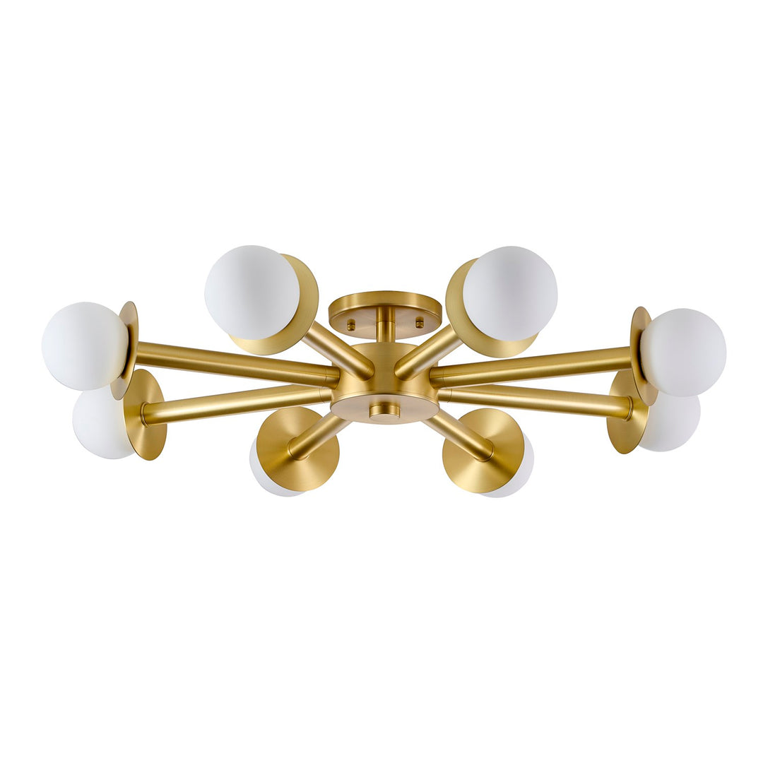 8-Light Satin Brass Flush Mount With White Glass Globe Shades