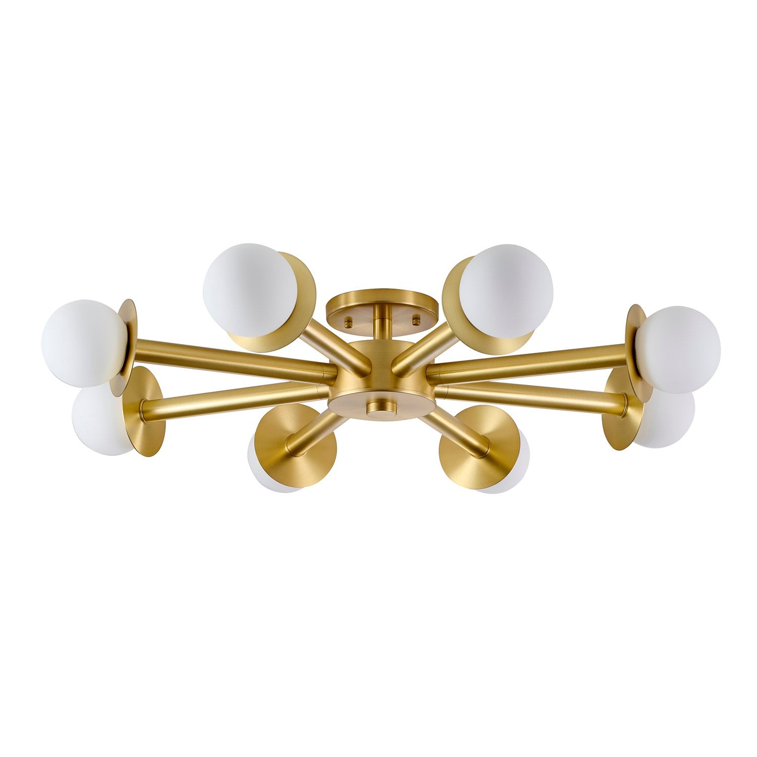 8-Light Satin Brass Flush Mount With White Glass Globe Shades