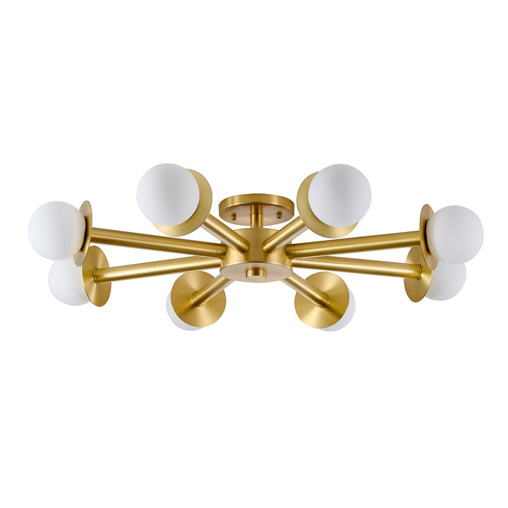 8-Light Satin Brass Flush Mount With White Glass Globe Shades