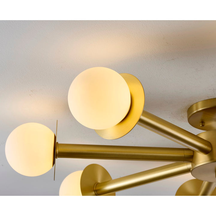 8-Light Satin Brass Flush Mount With White Glass Globe Shades