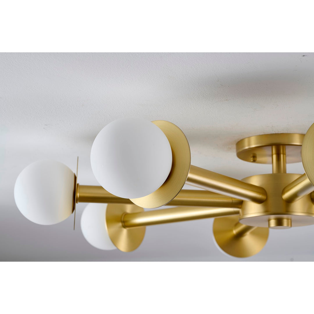 8-Light Satin Brass Flush Mount With White Glass Globe Shades