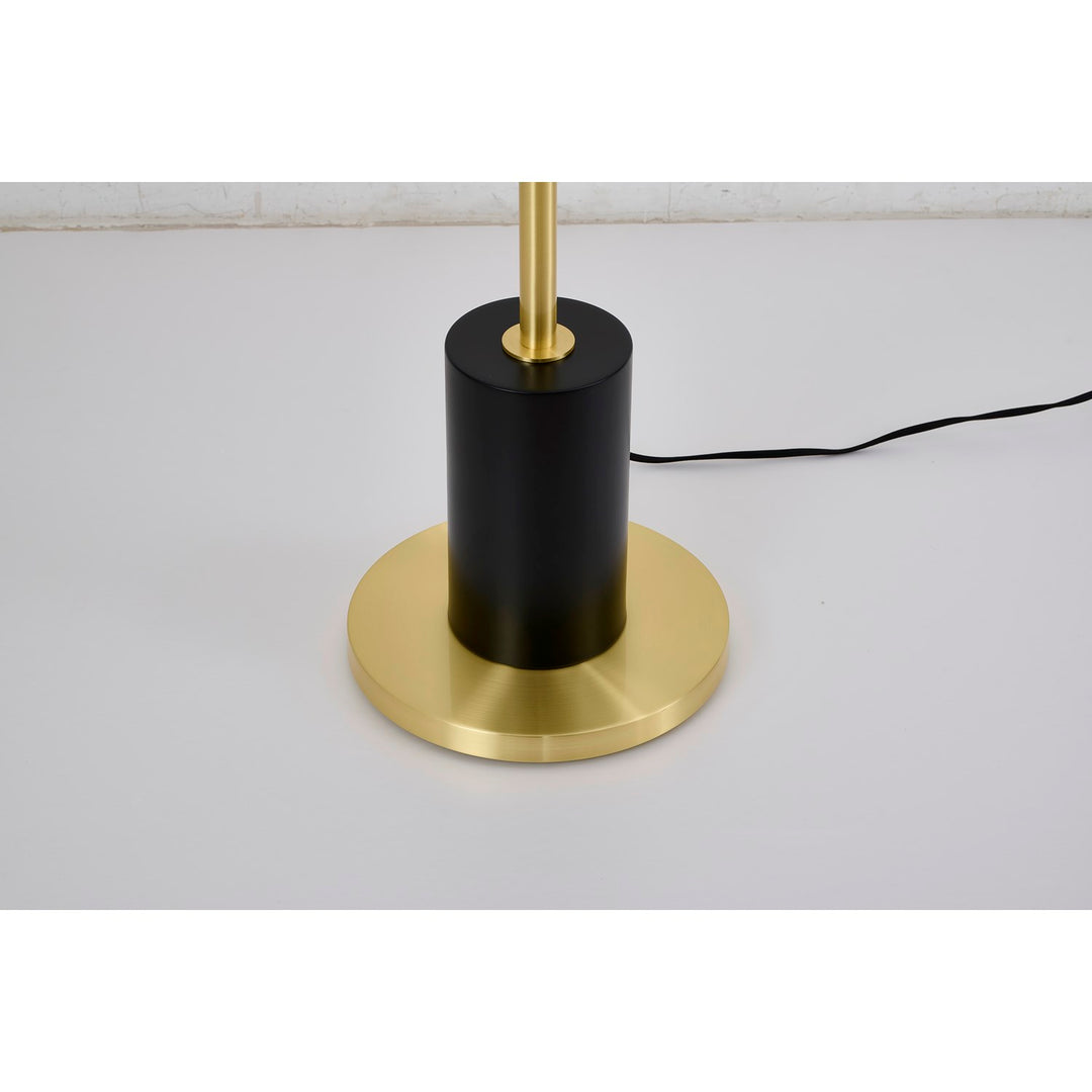 2-Light Black And Satin Brass Floor Lamp With A White Linen Shade