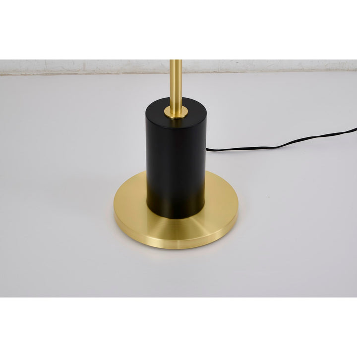 2-Light Black And Satin Brass Floor Lamp With A White Linen Shade
