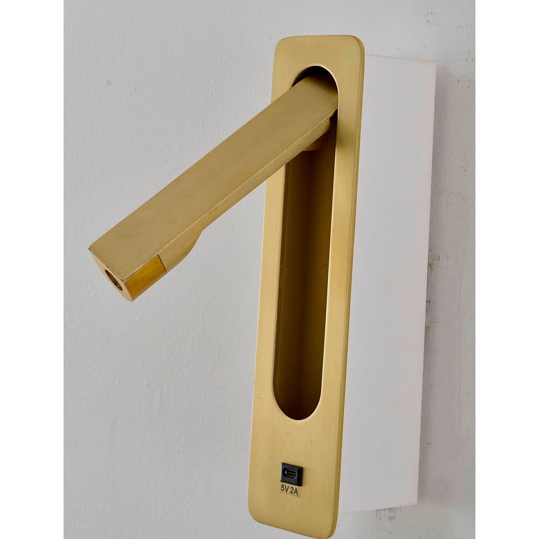 1-Light Satin Brass Metal Led Wall Sconce With One Usb Port