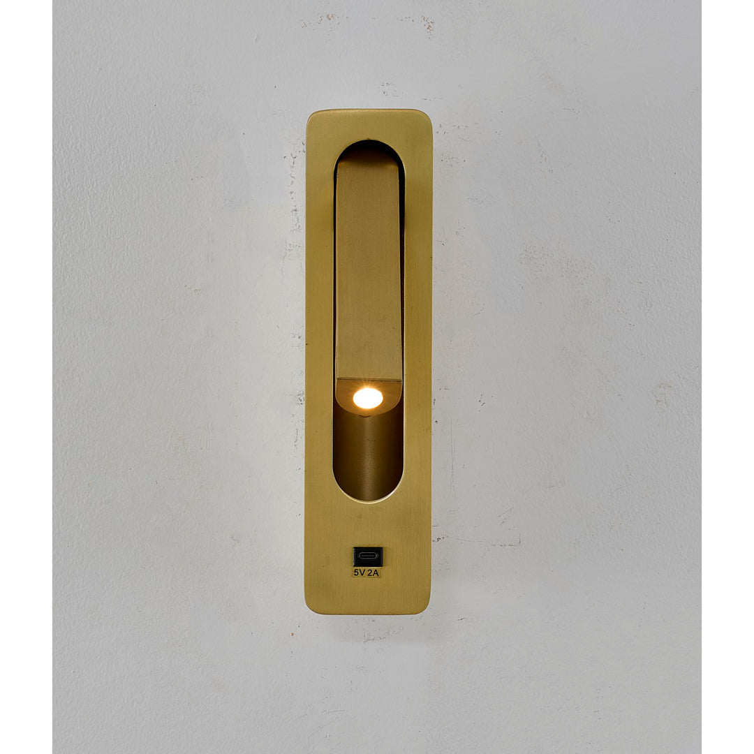 1-Light Satin Brass Metal Led Wall Sconce With One Usb Port