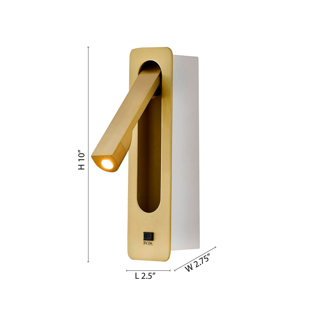 1-Light Satin Brass Metal Led Wall Sconce With One Usb Port