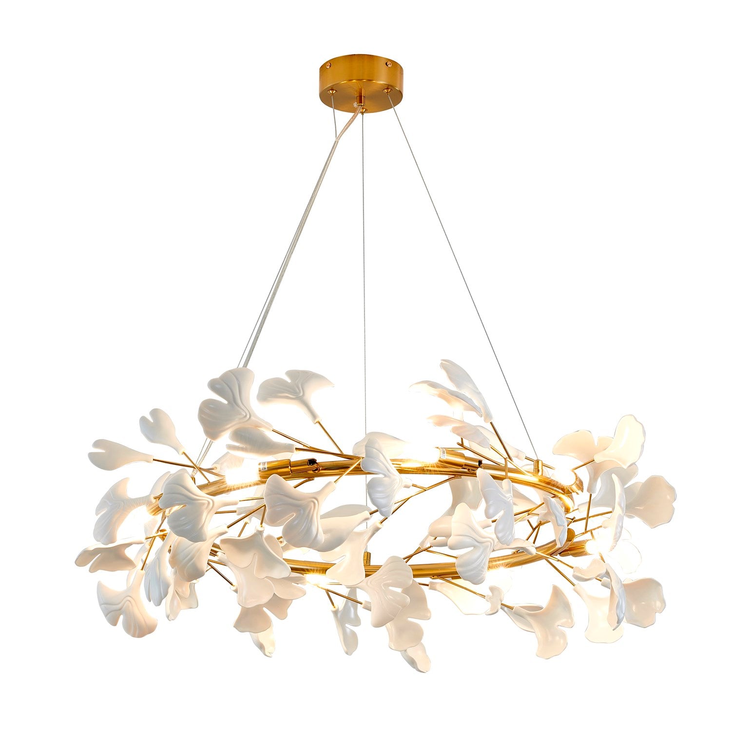 8-Light Brass Chandelier With Matte White Plastic Leaf Petals In A Round Shape by Bethel