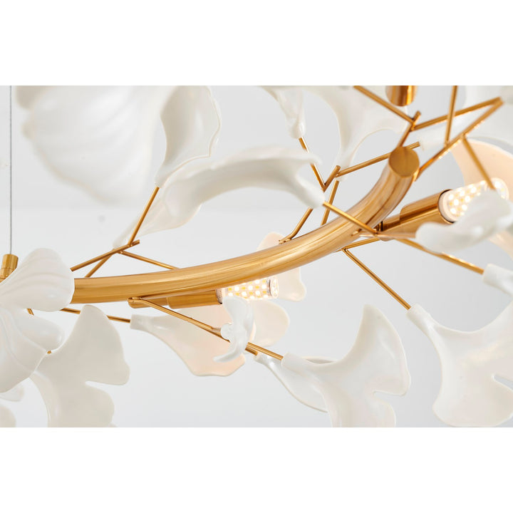 8-Light Brass Chandelier With Matte White Plastic Leaf Petals In A Round Shape