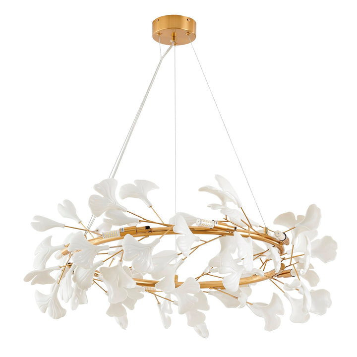 8-Light Brass Chandelier With Matte White Plastic Leaf Petals In A Round Shape