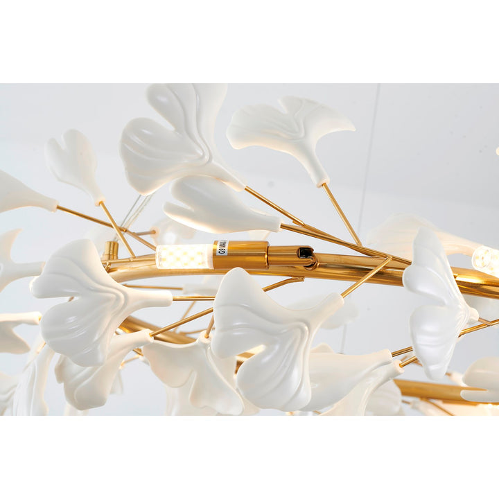 8-Light Brass Chandelier With Matte White Plastic Leaf Petals In A Round Shape