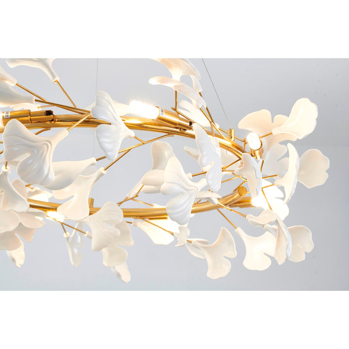 8-Light Brass Chandelier With Matte White Plastic Leaf Petals In A Round Shape