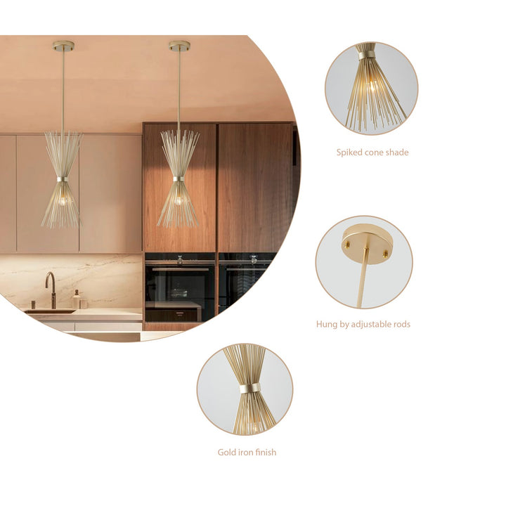1-Light Gold Iron Pendant With A Spiked Cone Shade
