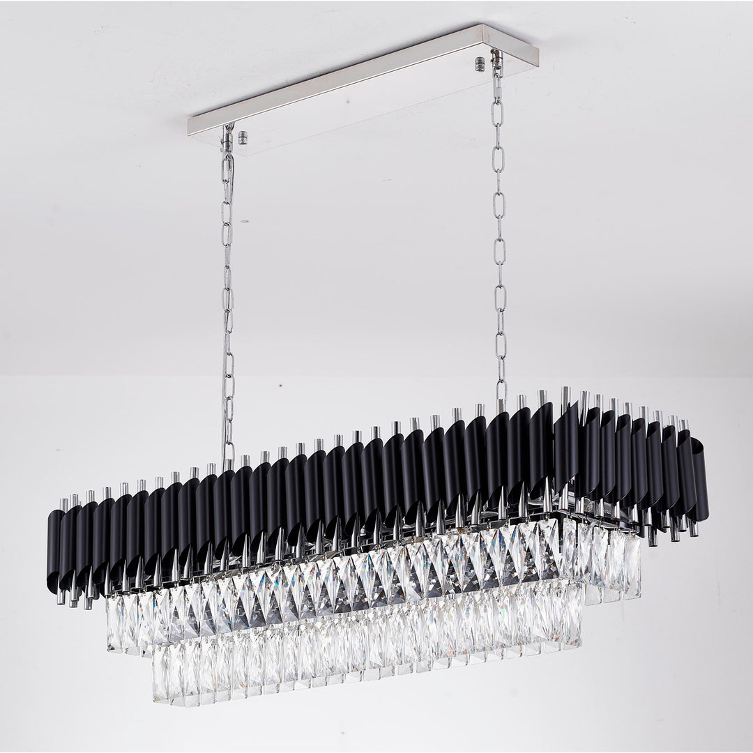 12-Light Black And Chrome Chandelier With Clear Hanging Crystals