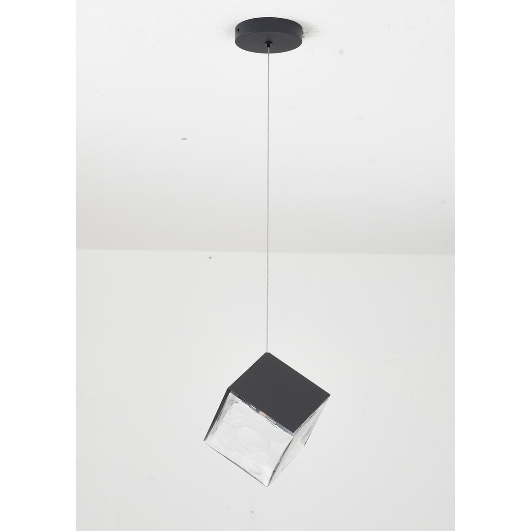 1-Light Black Cubed Pendant With A Clear Distorted Glass Shade