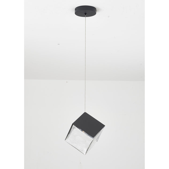 1-Light Black Cubed Pendant With A Clear Distorted Glass Shade