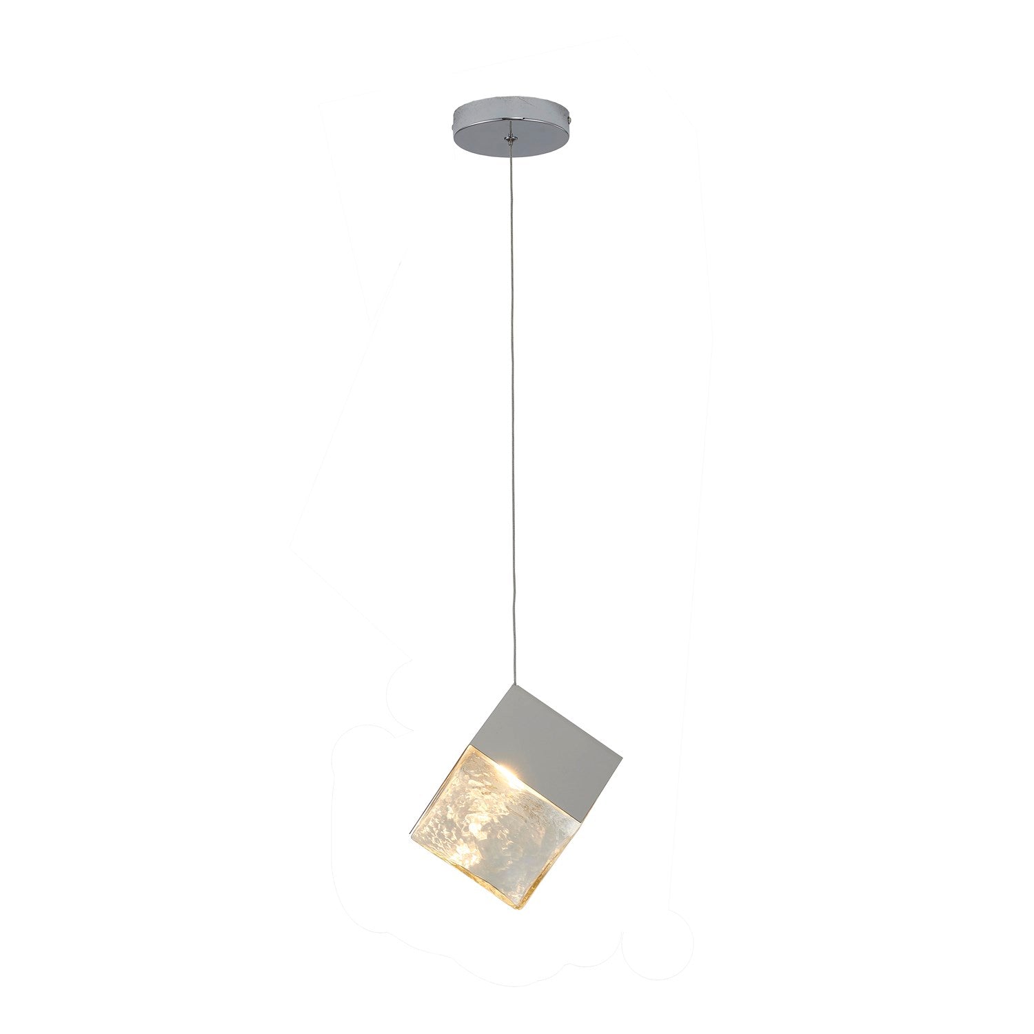 1-Light Chrome Cubed Pendant With A Clear Distorted Glass Shade by Bethel
