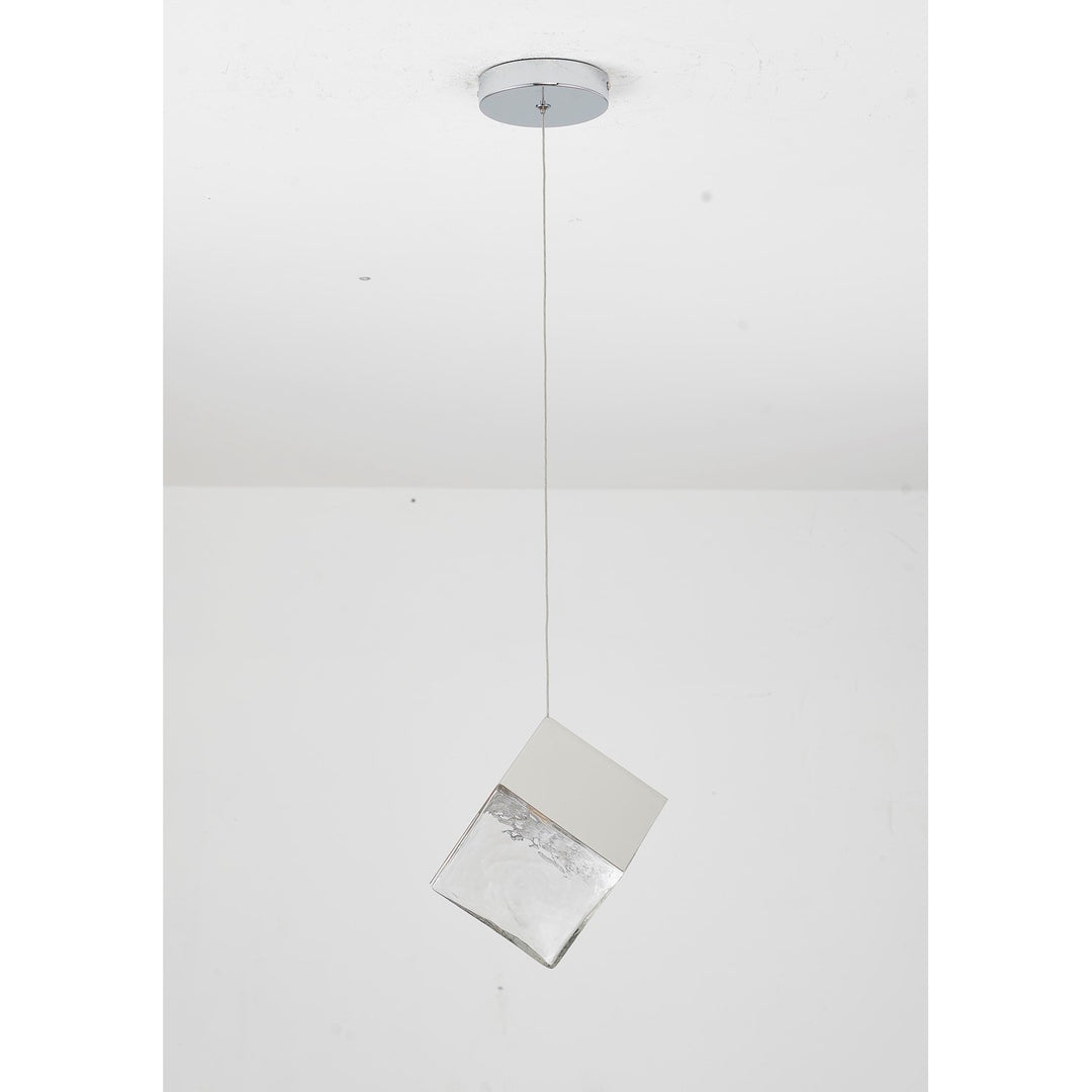 1-Light Chrome Cubed Pendant With A Clear Distorted Glass Shade