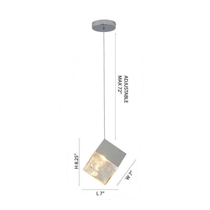 1-Light Chrome Cubed Pendant With A Clear Distorted Glass Shade