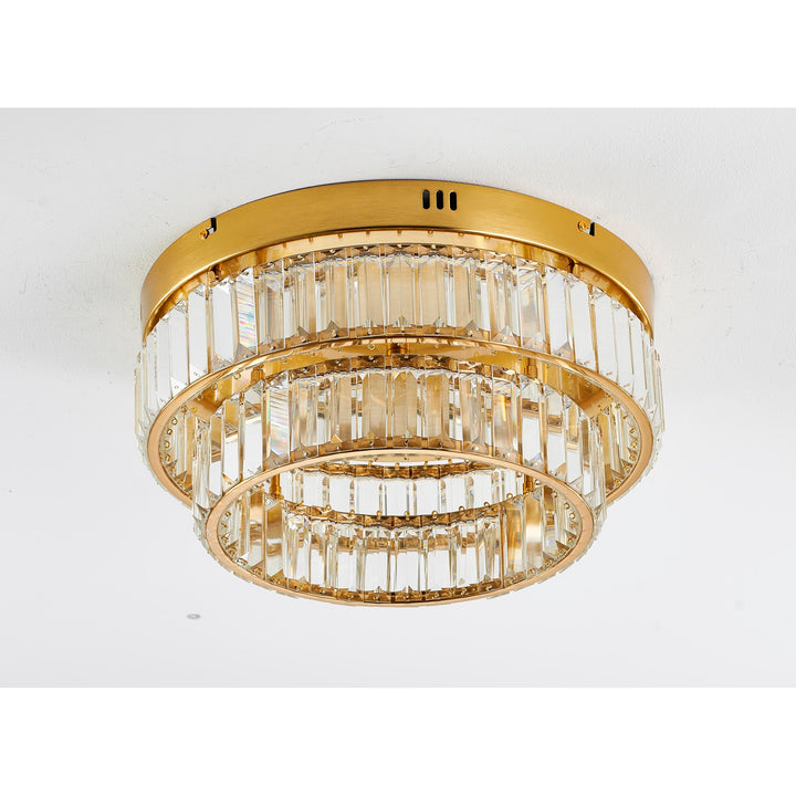 2-Light Brass Dimmable Led Flush Mount With Clear Crystals