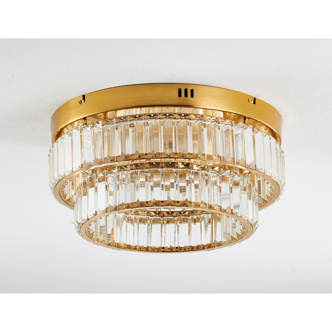 2-Light Brass Dimmable Led Flush Mount With Clear Crystals