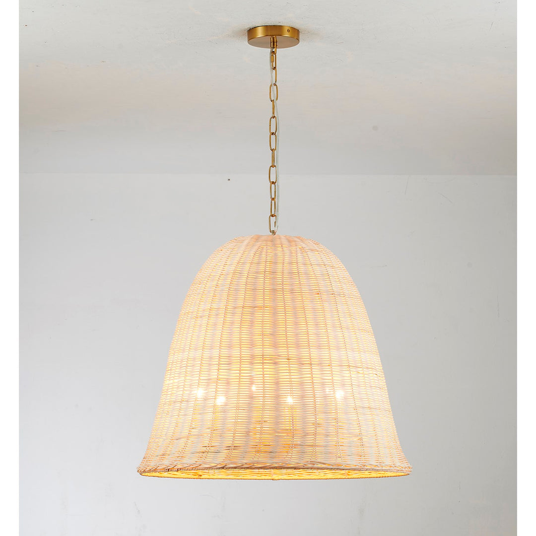 6-Light Brass Chandelier With A Natural White Wood Vine Basket Shade