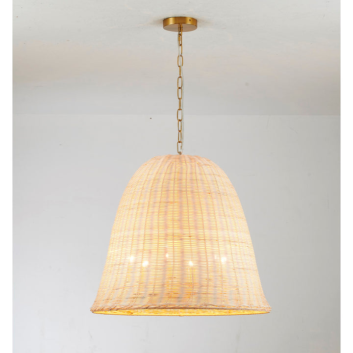6-Light Brass Chandelier With A Natural White Wood Vine Basket Shade