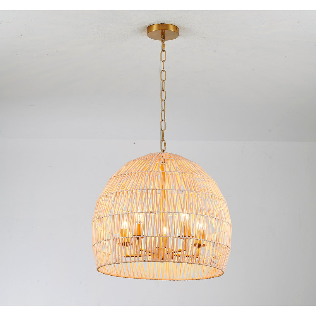 5-Light Brass Chandelier With A Natural White Wood Vine Basket Shade