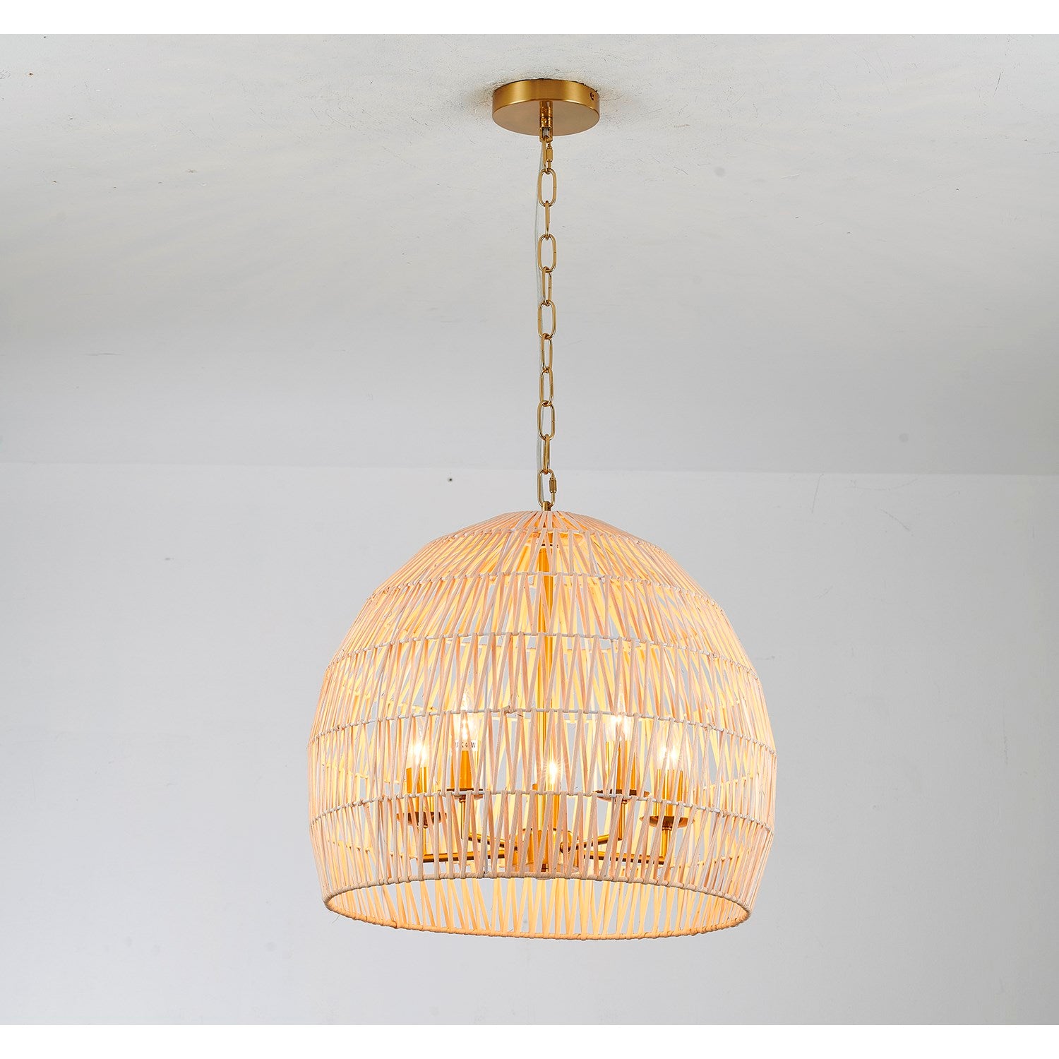 5-Light Brass Chandelier With A Natural White Wood Vine Basket Shade