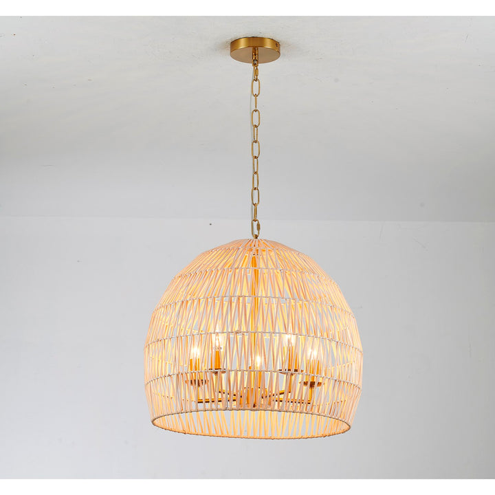 5-Light Brass Chandelier With A Natural White Wood Vine Basket Shade